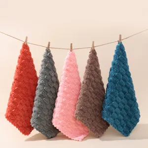 Hanging hand towels set of five vibrant colors featuring soft textured absorbent fabric for quick drying.