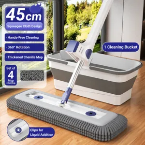 Huishouden vlakke mop en emmer set met 45cm kop, 4 vervangende pads en wisser.