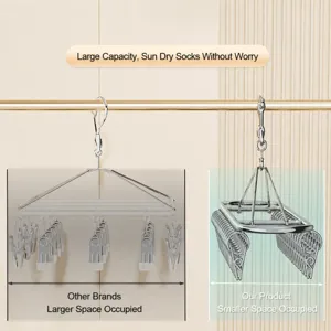 Stainless steel sock drying rack with multiple clips, space-saving narrow design for balcony.