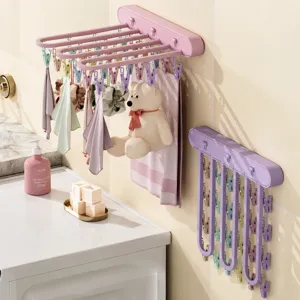 Foldable Wall Mounted Clothes Hanger Punch Free Drying Rack 24 Clips Multi Functional Storage Rack For Balcony Bathroom Home