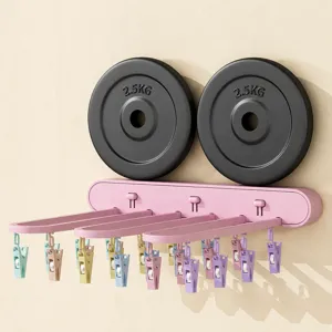 Wall-mounted folding clothes drying rack with multi clips, punch-free sock hanger for balcony.