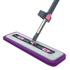 Huishoudelijke vlakke mop met paarse chenille mopkop, handsfree vloerreinigingsgereedschap voor thuis.