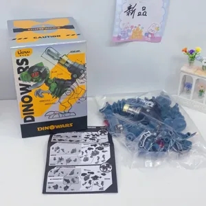 Detailed view of the mecha dinosaur building block toy parts, retail box and paper manual.