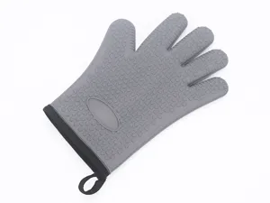 Verstärkte Silikon Ofenhandschuhe, hitzebeständige Fünffinger Backhandschuhe mit Herzmuster.
