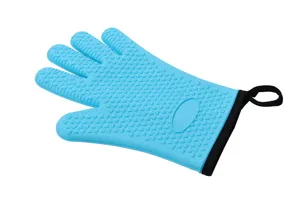 Detailansicht des blauen Silikon-Ofenhandschuhs mit strukturierten Griffpunkten und Hitze.