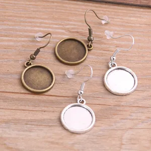 Apprêts Bijoux DIY Base Cabochon Ronde Lisse Crochet Boucle d'Oreille Avec Poussettes Bronze Antique Argent Alliage