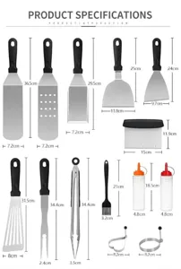 Detailed dimension specification guide for outdoor camping BBQ grill tool set stainless steel spatula.