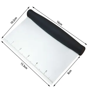 Stainless steel dough scraper with black handle and measurement scale for baking pastry.