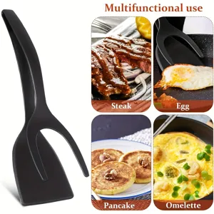 Detailed view of 2-in-1 multifunctional kitchen spatula and tong for flipping food.