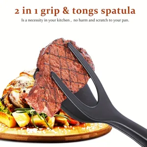 2-in-1 kitchen spatula and tongs for non-stick pans, ideal for flipping steaks and fish easily.