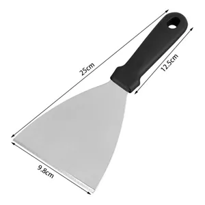 Stainless steel BBQ spatula detail view showing metal blade, black plastic handle and dimensions.
