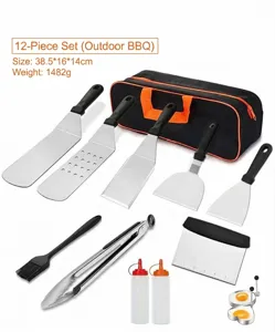 12-piece stainless steel BBQ grill tool set with carrying bag for outdoor camping cooking.