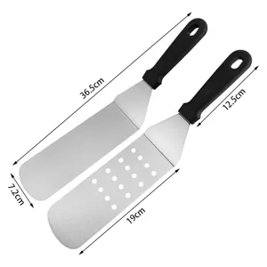 Stainless steel BBQ spatula set with solid and slotted turners, ergonomic black handles for outdoor cooking.