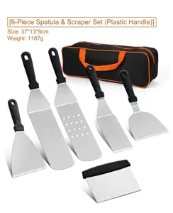 Stainless steel BBQ grill spatula set with storage bag, multi-piece outdoor cooking tool kit.