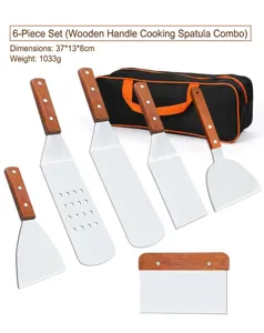 6-piece stainless steel BBQ grill spatula set with wooden handles and storage bag for camping.