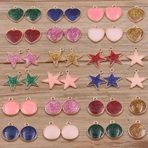 Breloques en Alliage Bijoux DIY Paillettes Émail Cœur Étoile Rond Pendentifs Accessoires Plaqué Or KC pour Création de Bijoux