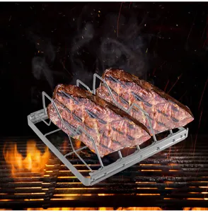 Stainless steel portable BBQ grill rack close-up, showing sturdy folding steak holder design.