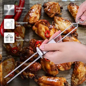 Stainless steel BBQ roasting fork detail shot, perfect for outdoor camping and grilling meat.