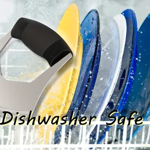 Stainless steel herb chopper and pizza cutter detail view, dishwasher safe design for kitchen.