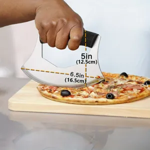 Stainless steel pizza cutter rocking mezzaluna knife blade detail showing 6.5 inch size.