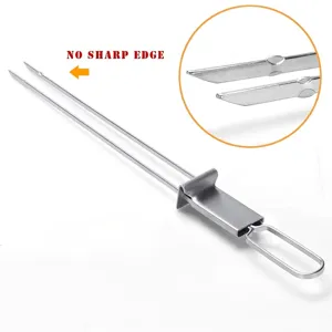 Stainless steel BBQ skewer detail showing safe blunt tips and sliding handle mechanism.