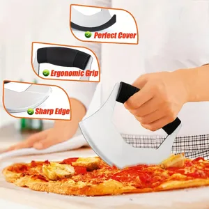 Stainless steel pizza cutter rocker knife with sharp blade, ergonomic grip and protective cover.