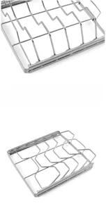Stainless steel folding barbecue grill rack detail view, portable outdoor steak holder for camping.