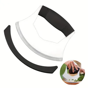 Stainless steel mezzaluna knife herb chopper with black handle and protective blade cover detail.
