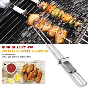 Stainless steel BBQ grill fork, durable outdoor portable dual-prong skewer for camping.