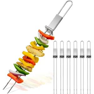 Stainless Steel Barbecue Fork Portable Outdoor BBQ Skewer Tool With Sliding Pusher Design For Camping Grilling Cooking