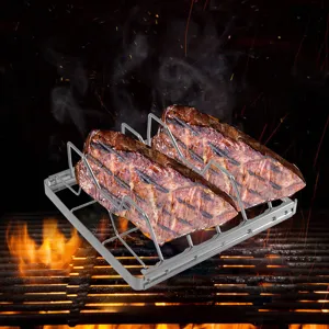 Portable stainless steel BBQ grill rack for outdoor camping and steak cooking folding stand.