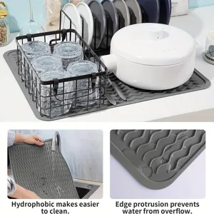 Silicone dish drying mat with wave drain design, anti-slip countertop kitchen pad and heat resistant