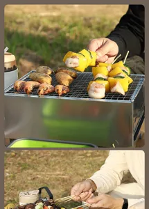 Détail de barbecue à charbon portable en acier inoxydable en camping en plein air.