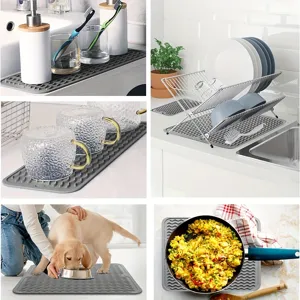 Silicone drying mat for kitchen counter, heat resistant dish drying mat with wavy design.