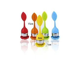 Colorful leaf silicone stainless steel tea infuser with handle and drip tray 15cm
