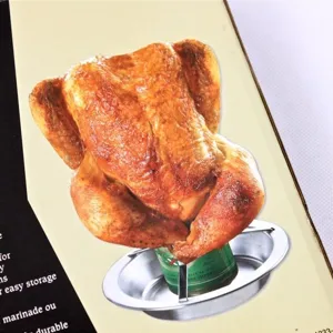 Stainless steel vertical beer can chicken roaster rack for outdoor BBQ camping and oven cooking.