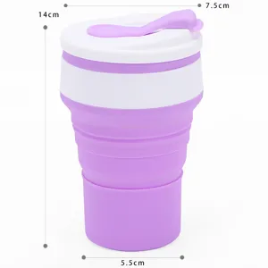 Collapsible silicone travel cup, portable coffee mug with lid, 14cm height outdoor cup.