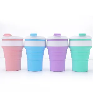 Foldable silicone coffee cup detail view, portable outdoor travel mug in multi colors.
