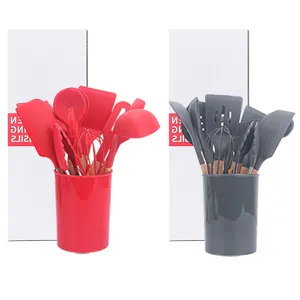 11-teiliges Silikon Küchenhelfer Set mit Holzgriffen und Aufbewahrungsbehälter in rot grau.