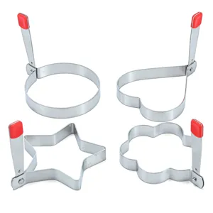 Stainless steel egg mold ring set, 4 shapes cooking tool for breakfast, fried egg shaper with handle.
