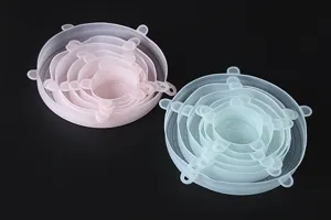 Silicone stretch lids detail showing nested 6-piece sets in pink and light blue colors.