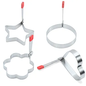 Stainless steel egg ring set with folding handles, four shapes detail view kitchen tool.