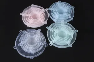 Set of 6 silicone stretch lids in multiple colors, durable and elastic kitchen food covers.