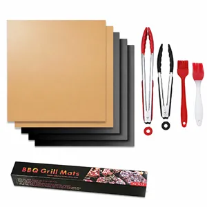 BBQ grill mats set with stainless steel tongs and silicone basting brushes for outdoor cooking