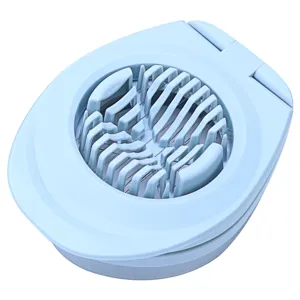 Detailed view of light blue multi-functional egg slicer with stainless steel wire.