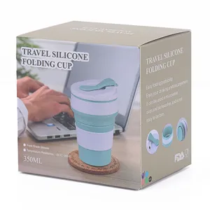 Silicone folding travel cup box detail, 350ml capacity, portable and safe food grade material.