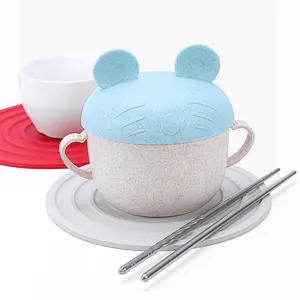 Kinderservies tarwestro kom set met schattig muis deksel en siliconen isolatiematje.