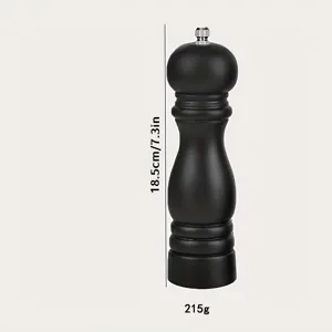 Vista dettagliata del macinaspezie nero con altezza di 18,5cm e peso netto di 215g.