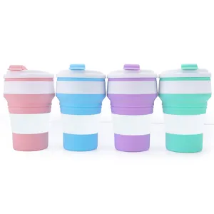 Portable collapsible silicone coffee cup set, multi-color travel mug with lid for outdoor use.