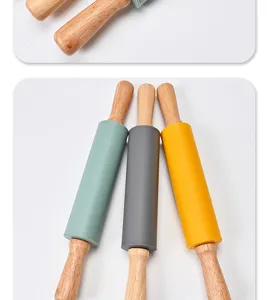 Rodillo de cocina de silicona mango de madera detalle superficie lisa herramienta